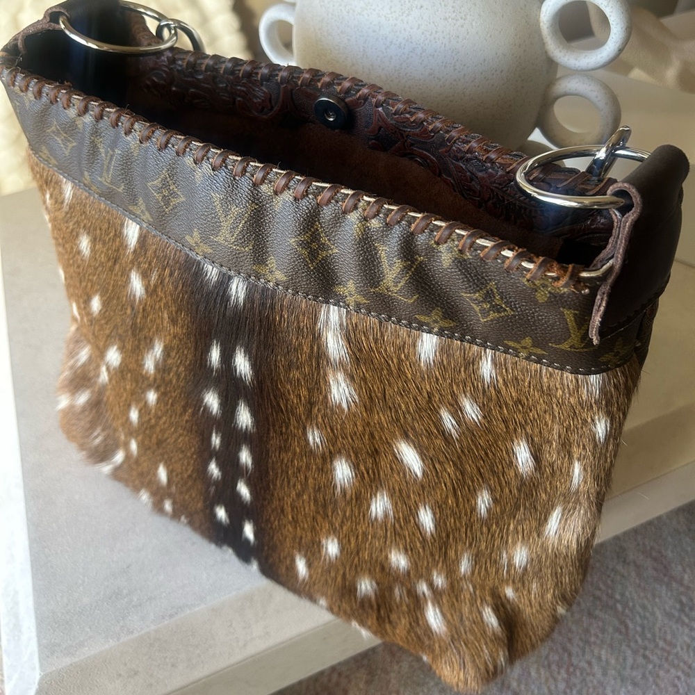 Axis Deer Hide Tooled Leather Tote Upcycled Louis Vuitton Inserts - Picture 14 of 17